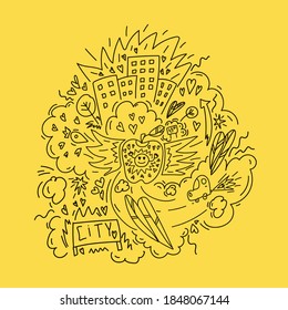 Illustration of Doodle city streets of New York. Hand-drawn vector sketch of the urban streets of the United States. Street with the inscription of the city. Vector illustration