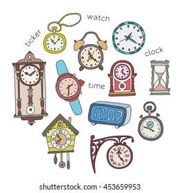 Illustration of doodle clocks. Vector design elements.