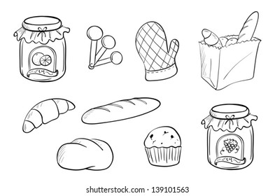 Ilustración de un diseño de doodle de pan y mermelada en un fondo blanco