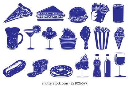 Illustration of a doodle design of the different foods and drinks a don a white background 