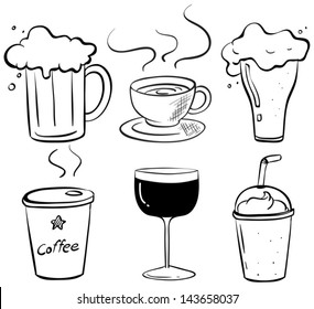 Illustration of the doodle design of the different kinds of drinks on a white background