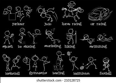 Illustration of the doodle design of the different sports on a black background