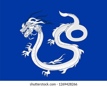 illustration doodle design of a flying  Chinese dragon with blue background