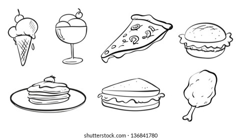 Illustration of the doodle designs of the different foods on a white background