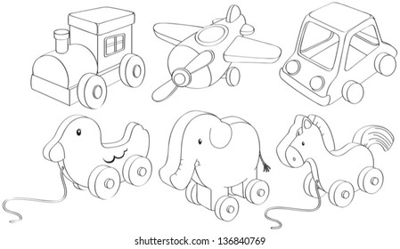 Illustration of the doodle designs of toys on a white background