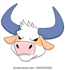 illustration of a doodle drawing of a cute cartoon animal, the head of a horned bull with a fierce face as an emblem