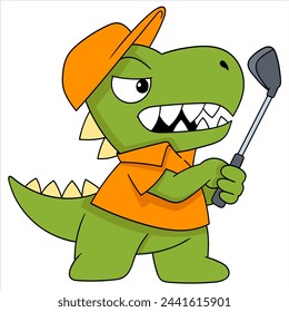 illustration of a doodle drawing of a cute cartoon animal, a fat dinosaur exercising holding a golf club and moving to hit it