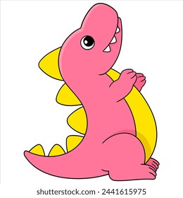 illustration of a doodle drawing of a cute cartoon animal, a fat pink dinosaur looking up