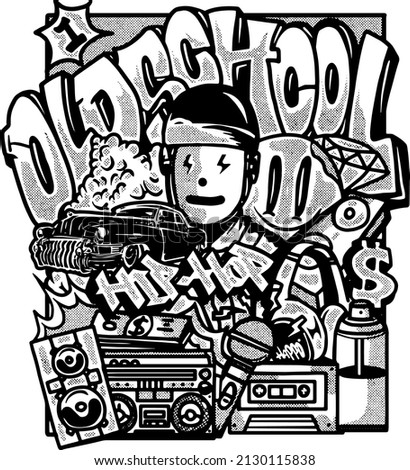 Illustration of doodle elements of hip hop, especially old school hip-hop. there are spray can boombox shapes, microphones, old cars, and others. This design suitable for stickers, t-shirts and more