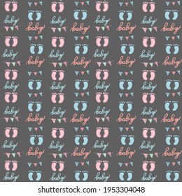 illustration of doodle flags, words, small feet. Footprints of babies, toddlers, and babies. seamless pattern, can be used for packaging