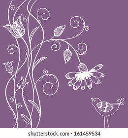 Illustration of doodle flowers with swirls and bird