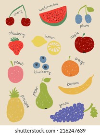 Illustration of doodle fruits in retro colors