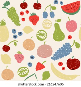 Illustration of doodle fruits seamless pattern in retro colors 