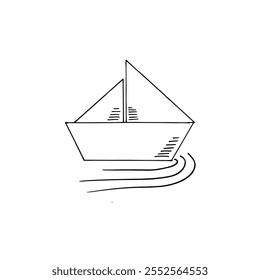 Illustration doodle hand-drawn sketch of a paper boat floating on water.