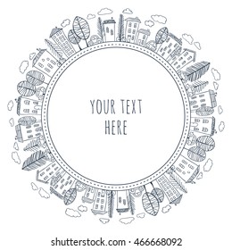 Illustration of doodle houses on circle. Drawing of village or city. Hand drawn sketch of town. Seamless circle pattern.