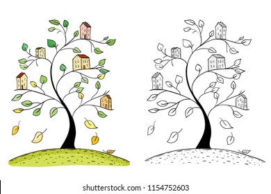 Illustration of doodle houses on tree. Drawing of village on tree branches. Hand drawn sketch.