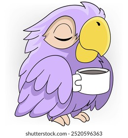 illustration of a doodle image of a relaxed life, a parrot enjoying coffee in a beautiful morning