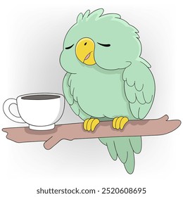 illustration of a doodle image of a relaxed life, a parakeet enjoying coffee in a beautiful morning