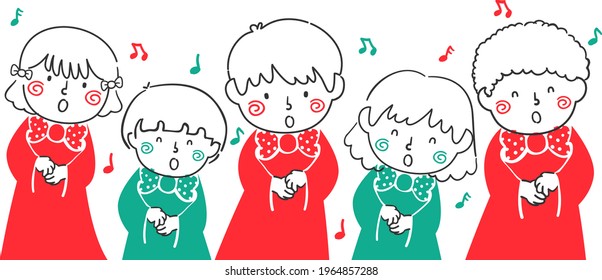 Illustration of Doodle Kids in Choir Wearing Green and Red Singing Christmas Carols