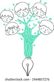 Illustration Of Doodle Kids Heads On Tree Branches With Fountain Pen For Writing