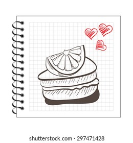 Illustration of doodle orange cake slice on notebook paper