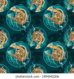 Illustration doodle and paint Tiger walking  on cloud or haven Illustration doodle and paint design for seamless pattern with deep blue background 