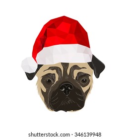Illustration with doodle pug with origami christmas hat isolated on white background