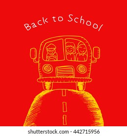 Illustration of doodle school bus with kids. Sketchy style.