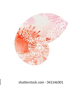 Illustration with doodle sea shells and watercolor background. Boho pattern.