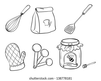 Illustration of a doodle set of kitchen utensils, baking powder and honey jam on a white background