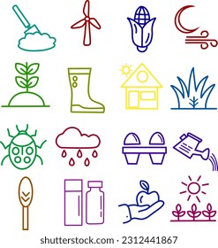 Illustration of doodle set. Pack of nature and agriculture linear icons vector art at moon, truck, cockroach, insulin, apple in hand, potted, cloud, rain, leaf, wood, honeybee, watermelon, mobile.