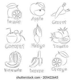 Illustration of the doodle sets of fruits on a white background