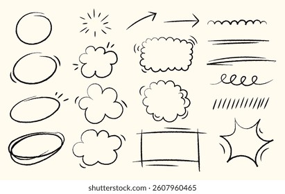 Illustration doodle shape set with bubble talk, line, arrow, frame.
Hand drawn style with brush stroke 