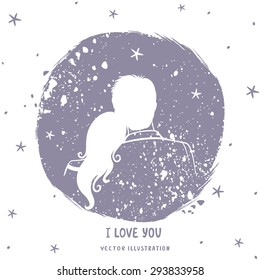 illustration doodle silhouette of loving couple in grunge circle with place for text