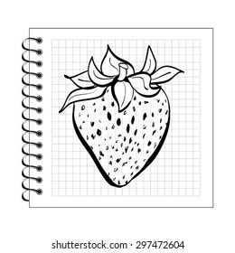 Illustration of doodle strawberry on spiral notepad paper isolated on white background