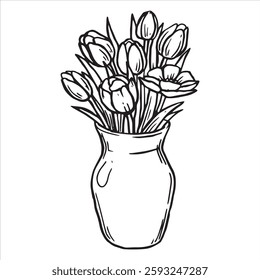 illustration in doodle style. bouquet of tulip flowers in a vase. vintage sketch