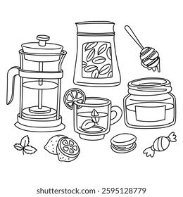 illustration doodle tea set, teapot, honey, biscuits, lemon and leaves is ideal for advertising tea brands, packaging products, recipes and materials for tea ceremonies or cozy tea parties