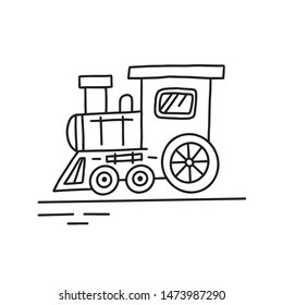 Illustration of doodle train. Hand drawn cartoon doodle style. Brush strokes simple locomotive graphic design. Vector illustration, isolated.