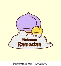 Illustration doodle vector of label welcomes the month of Ramadan