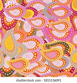 Illustration. Doodles on a pink, orange and neutral colors. Vector texture. Seamless pattern Beautiful fabric background.