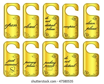 illustration of door hang tags in golden style against white