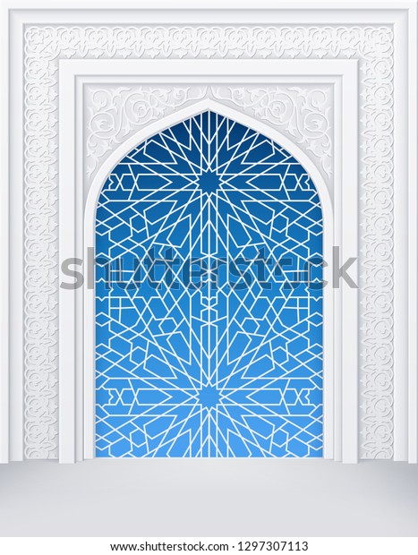 モスクのドアや窓 幾何学的な模様 ラマダンカリームのグリーティングカードの背景のイラスト Eps10には透明部分が含まれています のベクター画像素材 ロイヤリティフリー
