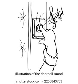 Illustration of the doorbell sound. Graphic black and white isolated drawing. Press the bell button with your hand and fingers. The bell at the entrance to the apartment.