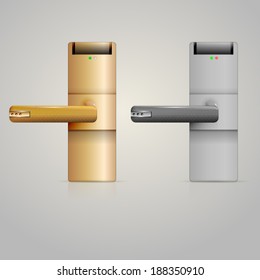 Illustration of doorknobs with lock. Gold and silver doorknobs with electronic lock. Two isolated vector illustration on white.