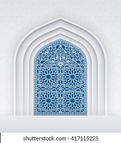 Illustration of doors of mosque, geometric pattern, background for ramadan kareem greeting cards, EPS 10 contains transparency. 