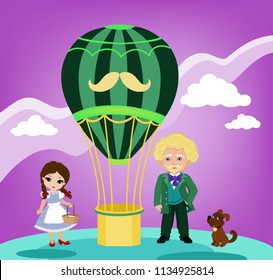 Illustration of Dorothy, wizard of the Emerald City  and its balloon.