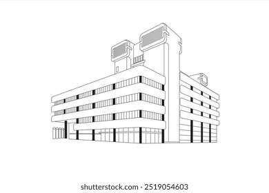 Ilustração do Centro Dortmund de Medicina e Saúde. Localizado em Dortmund, Alemanha. Ilustração em linha fina preta.