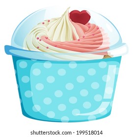 Illustration of a dotted blue cupcake container on a white background