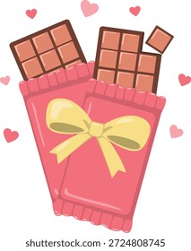 Ilustração de barras de chocolate duplas envoltas com fita e corações, simbolizando presentes doces e momentos românticos do Dia dos Namorados.
