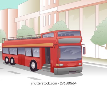 Illustration of a Double Decker Bus Parked in Front of a Building